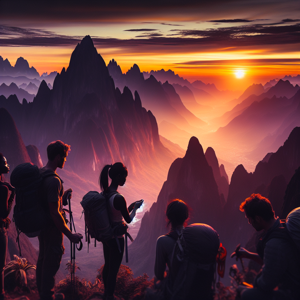 A breathtaking landscape of a mountain range in Asia at sunrise with travelers preparing their gear.