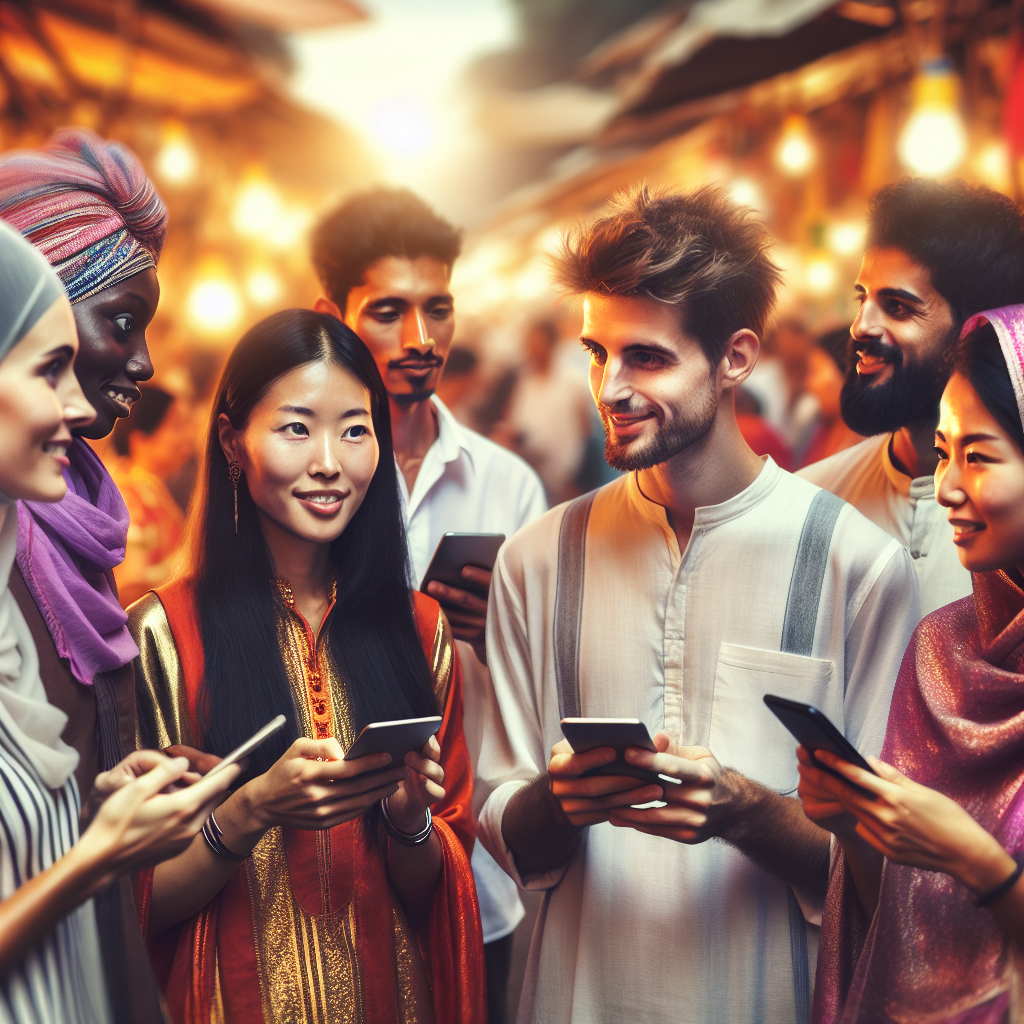 Flerkulturell gruppe mennesker i Asia som snakker sammen ved et marked, med digitale enheter og varme farger, fokus på ansiktsuttrykk og kroppsspråk