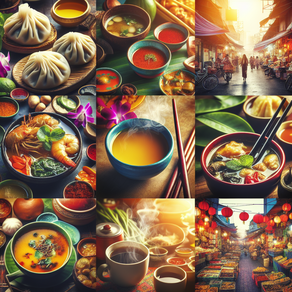Fargerik collage av asiatisk gatemat og drikker: dampende dampboller, krydrede karrieretter, te- og kaffekopper, lokale markeder i myk, varm belysning