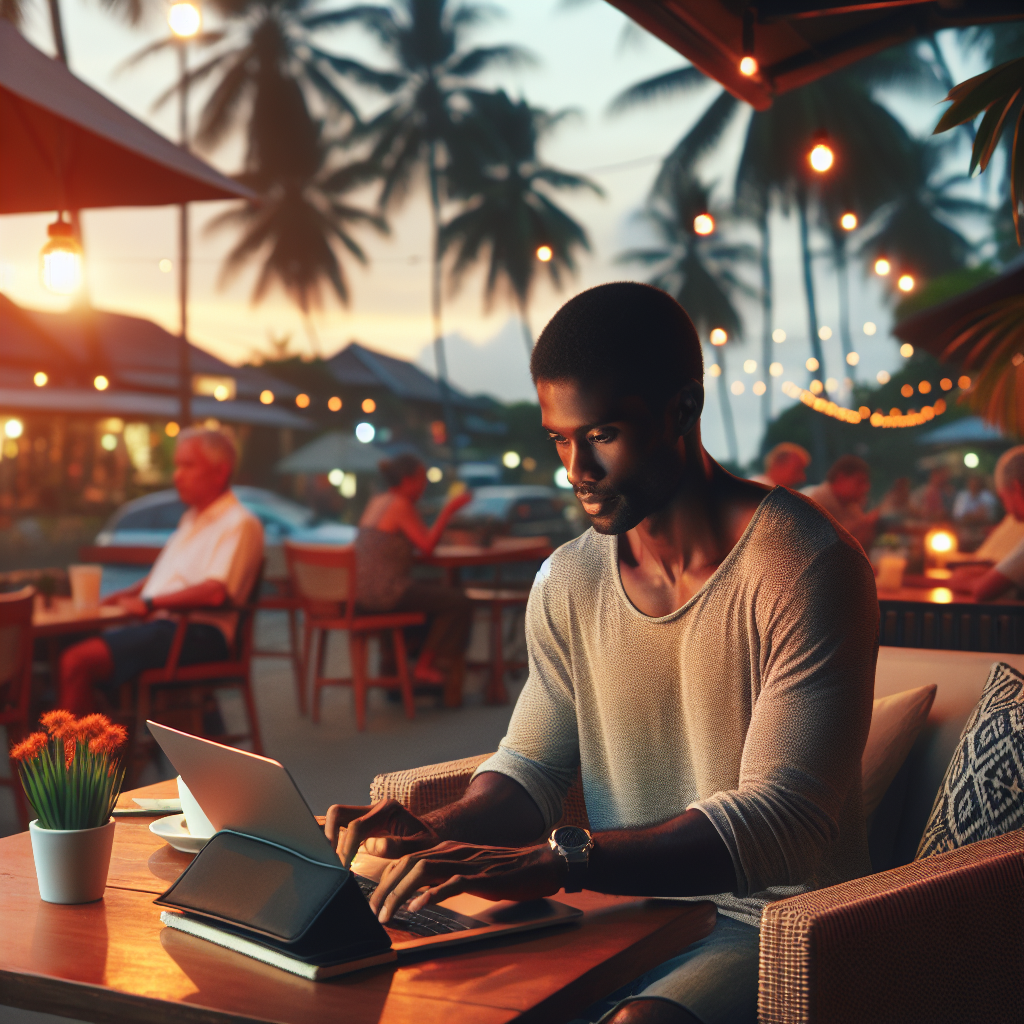 Moderne digital nomade ved en kafe i en asiatisk kystby: laptop på bordet, palmer i bakgrunnen, varm kveldsbelysning, internasjonalt preg