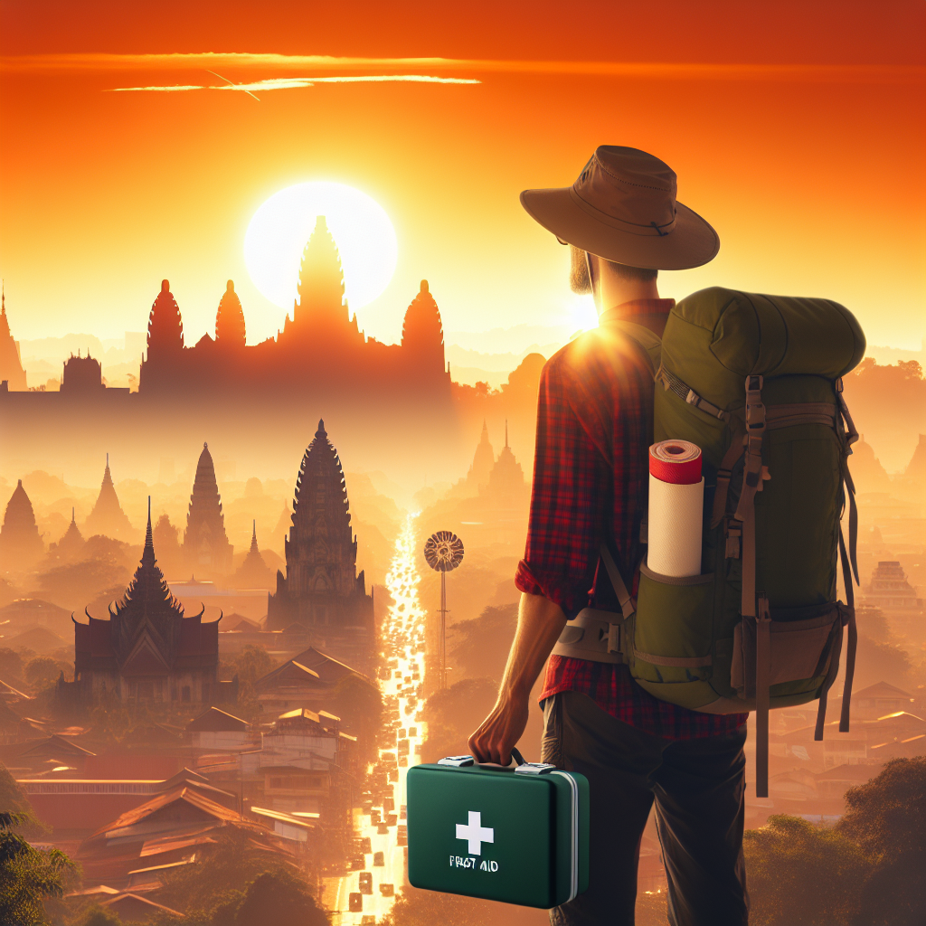 En trygg reise i Asia: nordisk reisende med ryggsekk, solhatt og førstehjelpspakke foran en asiatisk bysilhuett ved soloppgang